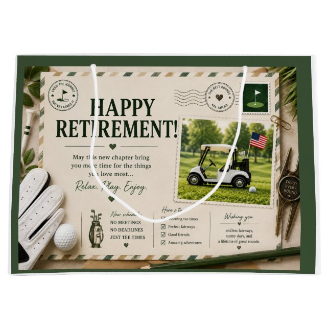 Golf Happy Retirement postcard themed Large Gift Bag (Front)