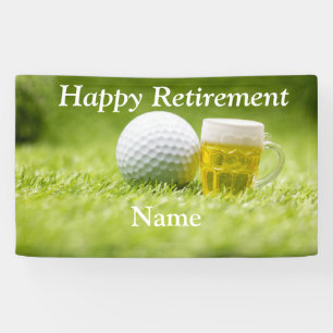 Golf happy retirement with golf ball and beer banner