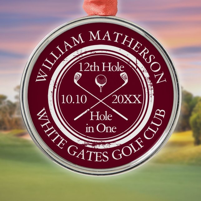 Golf Hole in One Classic Burgundy Custom Metal Tree Decoration (Golf Hole in One Classic Burgundy Custom Metal Ornament)