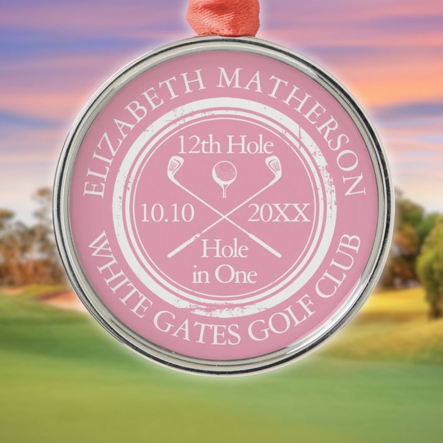 Golf Hole in One Classic Personalised Pink Metal Tree Decoration (Golf Hole in One Classic Personalized Pink Metal Ornament)