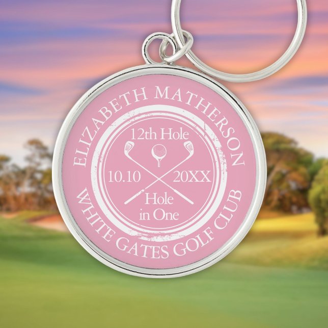 Golf Hole in One Feminine Pink Personalised Key Ring (Golf Hole in One Feminine Pink Personalized Keychain)