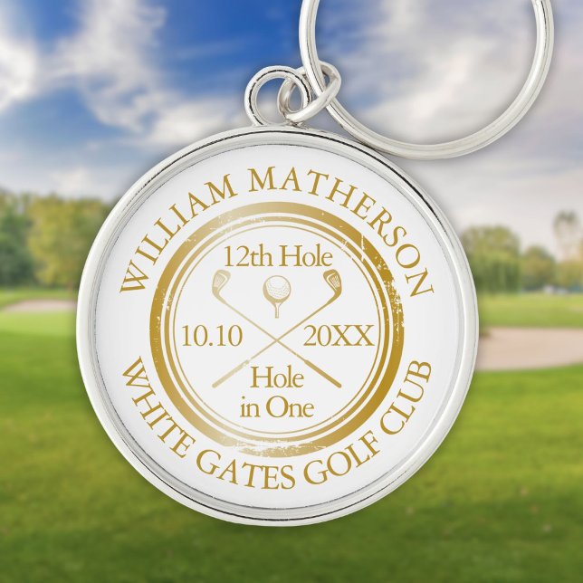 Golf Hole in One Gold Personalised Key Ring (Golf Hole in One Gold Personalized Keychain)