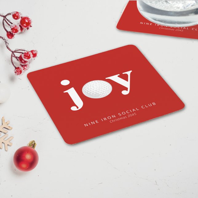 Golf Holiday Joy Personalized Typography Red Square Paper Coaster (Modern, festive, and ready for every round of holiday cheer.)