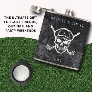  Golf Humour Grip It Sip It Custom Initials Black Hip Flask