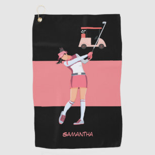 Golf Lady woman is golfing in pink dress pink cart Towel