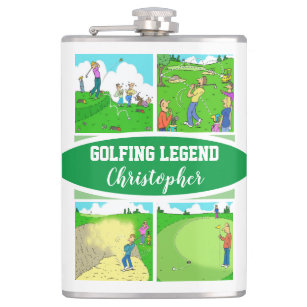 Golf Legend with 4 Funny Cartoons Golf Hip Flask