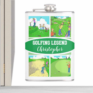Golf Legend with 4 Funny Cartoons Golf Hip Flask