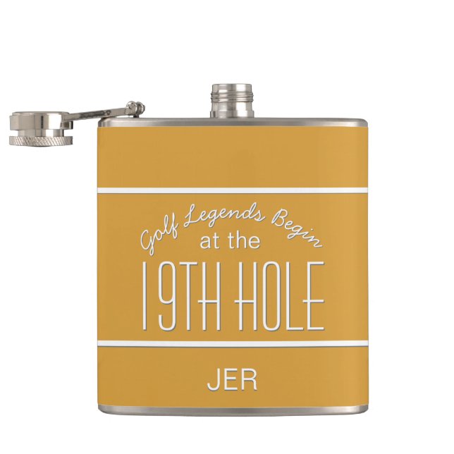 Golf Legends 19th Hole Golf Course Quote Yellow Hip Flask (Opened)