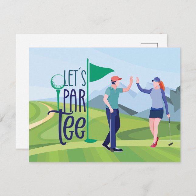 Golf let par tee for save the date golfer party postcard (Front/Back)