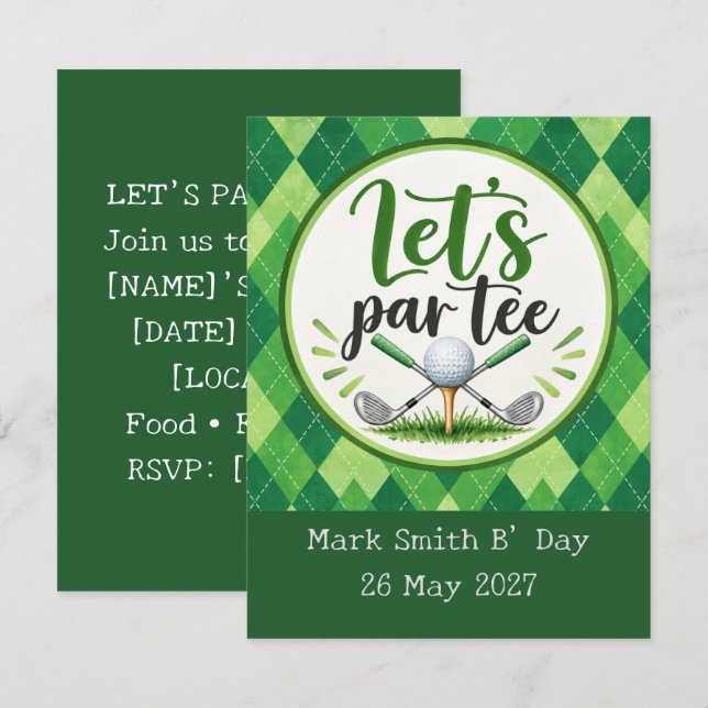 Golf Let’s Par Tee Green Argyle  Invitation (Front/Back)
