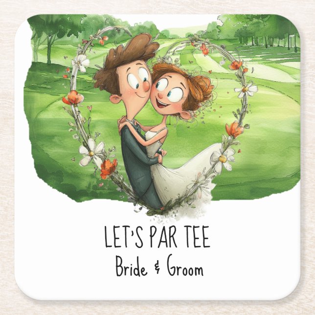 Golf Let’s Par tee with bride & Groom on course Square Paper Coaster (Front)