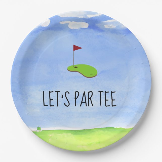 Golf Let’s Par tee with golf flag on Green Party Paper Plate (Front)