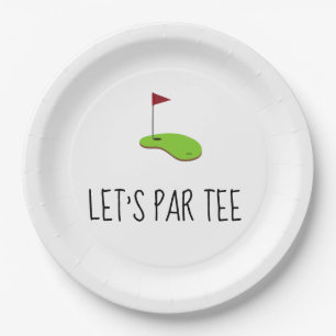 Golf Let’s Par tee with golf flag on green white  Paper Plate