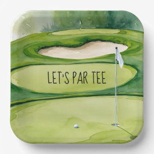 Golf Let’s Par tee with golf flag on green white Paper Plate