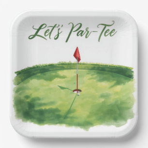 Golf Let’s Par tee with golf flag on green white Paper Plate