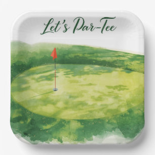 Golf Let’s Par tee with golf flag on green white Paper Plate