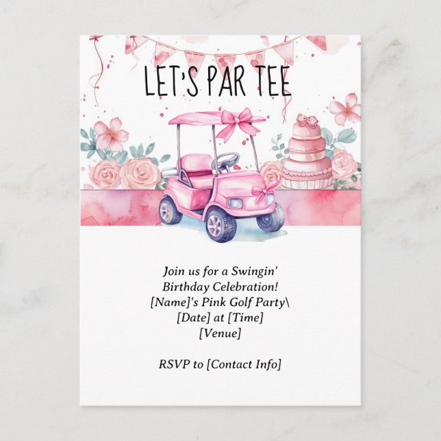 Golf Let’s Par tee with pink golf cart for girl  Postcard (Front)