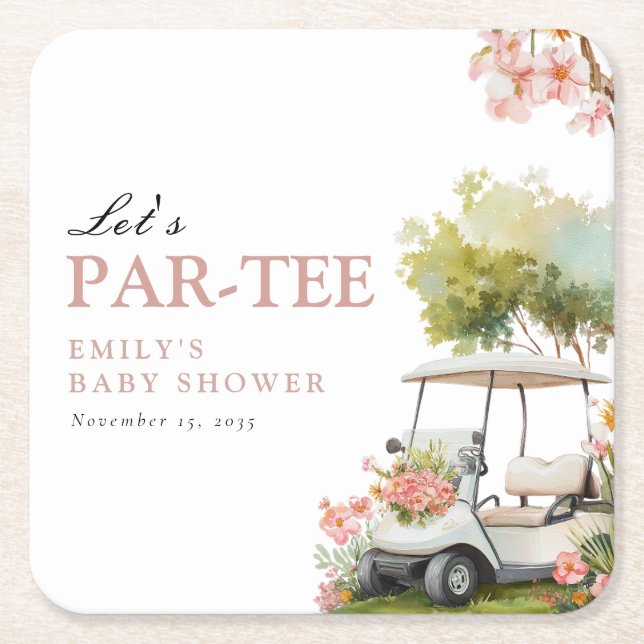 Golf Let's Par-tee Girl Baby Shower Square Paper Coaster (Front)
