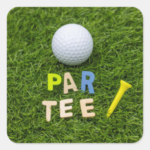 Golf let's par tee with golf ball and tee on green square sticker