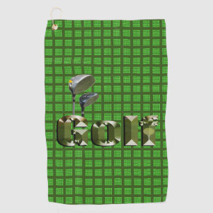 Golf Logo And Clubs On Green Checked Tartan, Golf Towel