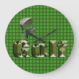 Golf Logo And Clubs On Green Checked Tartan, Large Clock