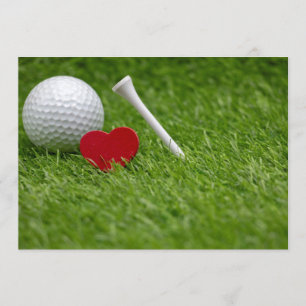 Golf love heart and tee on green grass invitation