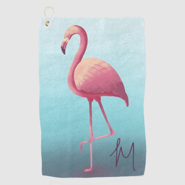 Golf Lover Flamingo Pink Blue  Elegant Monogram  Towel (Front)