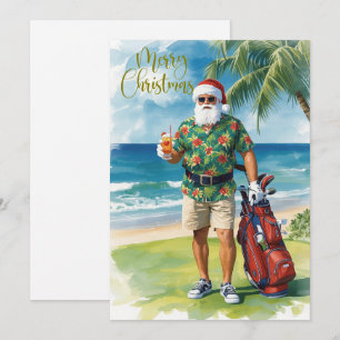 Golf Merry Christmas Santa Golfer Beach themed Holiday Card