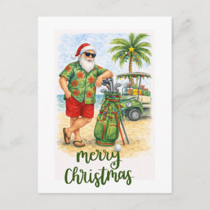 Golf Merry Christmas Santa Golfer Beach themed Holiday Postcard