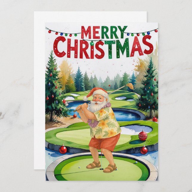 Golf Merry Christmas Santa golfing on course  Holiday Card (Front/Back)