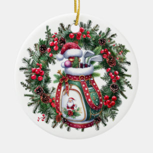 Golf Merry Christmas with golf bag and wreath Ceramic Tree Decoration