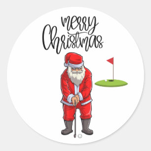 Golf Merry Christmas with Santa Claus at flag  Classic Round Sticker