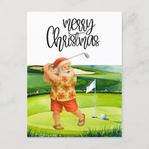 Golf Merry Christmas with Santa Claus at flag Postcard