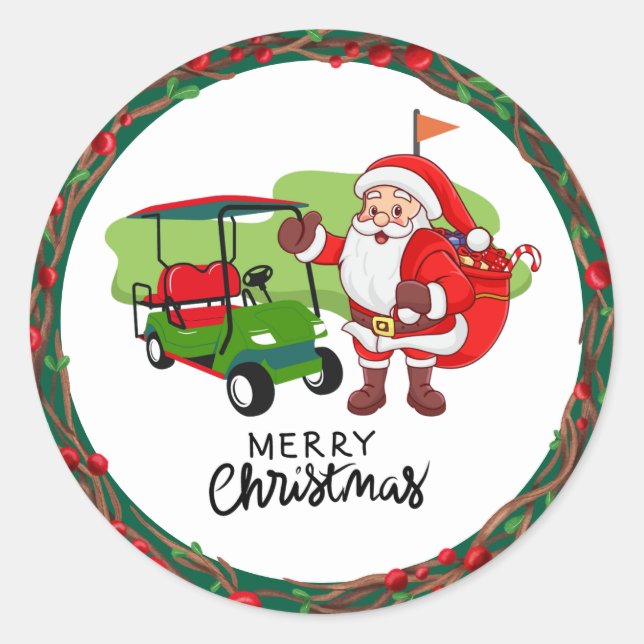 Golf Merry Christmas with Santa Claus golfing  Classic Round Sticker (Front)