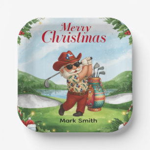 Golf Merry Christmas with Santa Claus Golfing Paper Plate