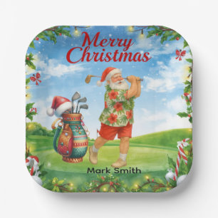 Golf Merry Christmas with Santa Claus Golfing Paper Plate