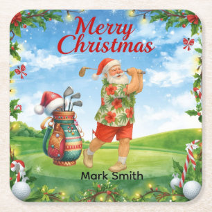 Golf Merry Christmas with Santa Claus Golfing Square Paper Coaster