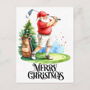 Golf Merry Christmas with Santa Claus on Green Holiday Postcard