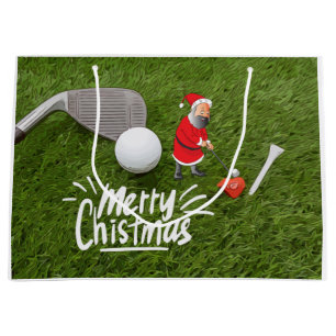 Golf Merry Christmas with Santa Claus on green Large Gift Bag