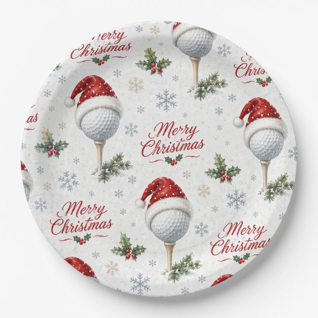 Golf Merry Christmas with Santa Hat Paper Plate (Front)