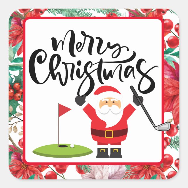 Golf Merry Christmas with Santa playing golfer   Square Sticker (Front)