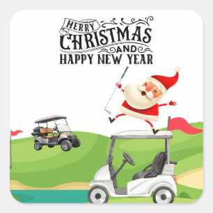 Golf Merry Christmas with Santa riding golf cart  Square Sticker