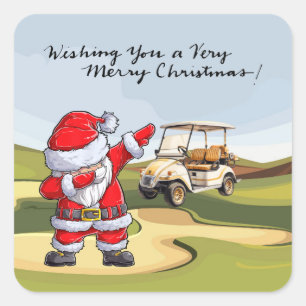 Golf Merry Christmas with Santa riding golf cart Square Sticker