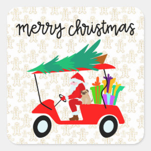 Golf Merry Christmas with Santa riding golf cart  Square Sticker