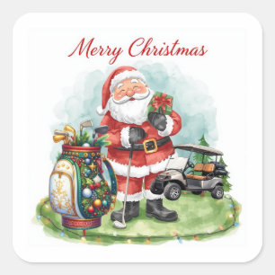 Golf Merry Christmas with Santa riding golf cart Square Sticker