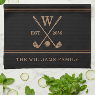 Golf Monogram Family Name Brown Black Tea Towel
