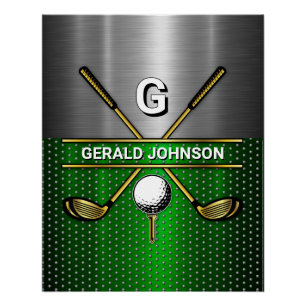 Golf Monogram Metallic Green and Silver Poster