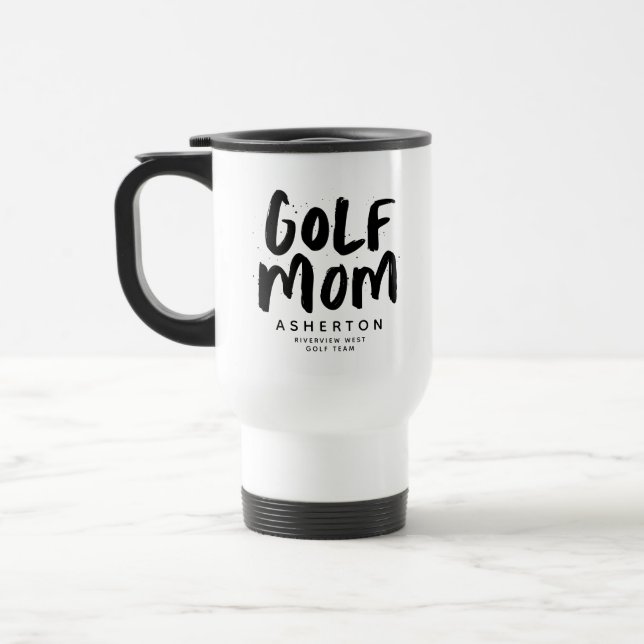 Golf mum trendy black type personalised travel mug (Left)