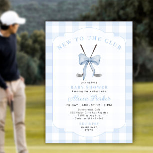 Golf new to the club blue gingham baby boy shower invitation
