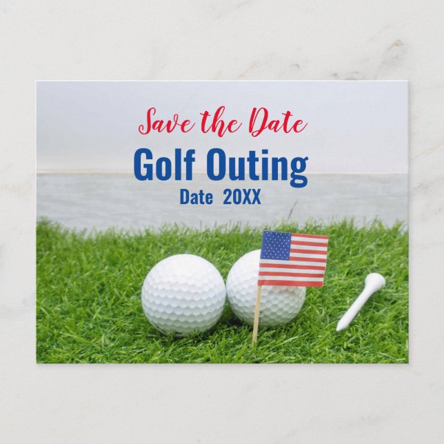 Golf Outing Save the Date with Flag of America Postcard (Front)